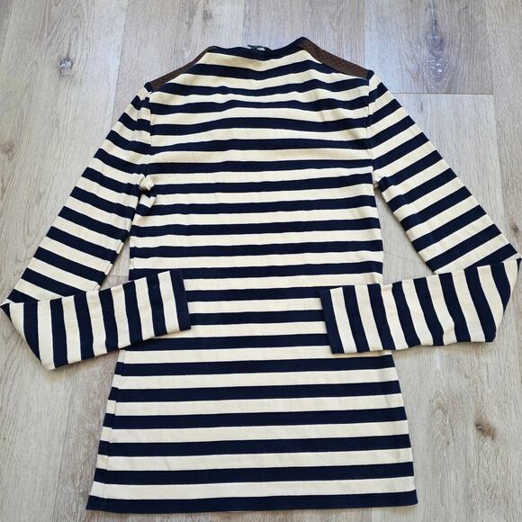 Lauren | Ralph Lauren Blue Cream Striped Long Sleeve sz Small Leather Shoulder - Picture 5 of 5